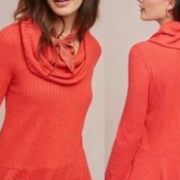Anthropologie Maeve Coral Orange Winterscape Thermal Rivers Cowl Neck Sweater L - Picture 2 of 12